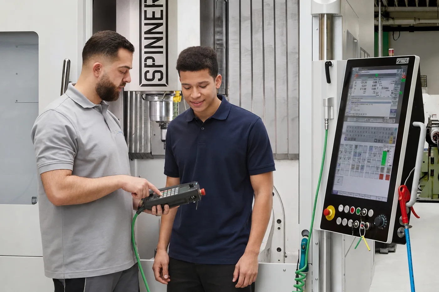 A trainer showing an apprentice how to operate a CNC machine