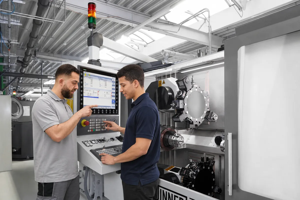 Two employees at the control panel of a CNC machining centre